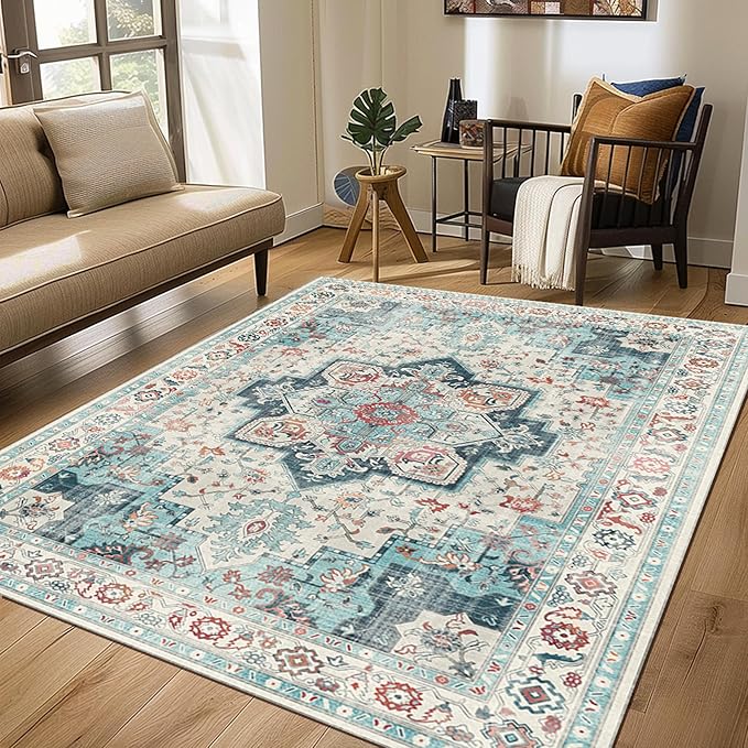 GENIMO 8x10 Area Rugs for Living Room, Machine Washable Non Slip Rugs, Low Pile Lightweight Vintage Print Rug for Bedroom, Dining Room, Home Office, Cyan/White