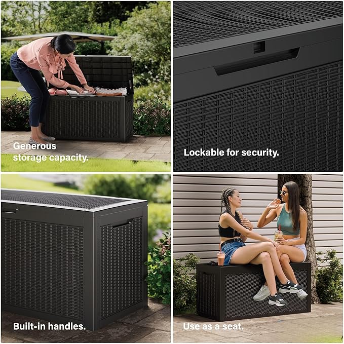 Decksplore Outdoor Storage Box Waterproof, 200 Gallon Lockable Resin Large Deck Box, Patio Storage Bin for Pool Accessories Cushion Furniture, Garden Tools, UV-Resistant Outside Delivery, Black
