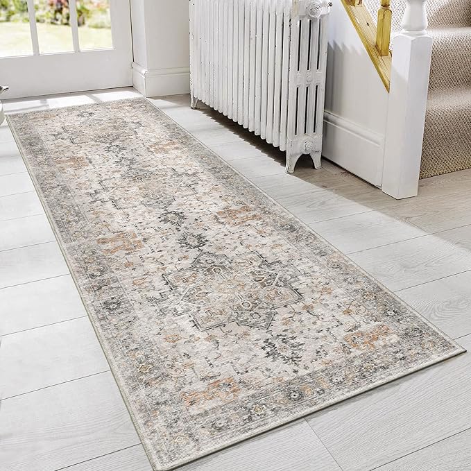 GENIMO Runner Rug 2'6"x6 Machine Washable Non Slip Vintage Hallway Runner Rug, Low Pile Lightweight Rugs for Indoor Entryway, Hallway, Kitchen and Corridor, Light Taupe Brown