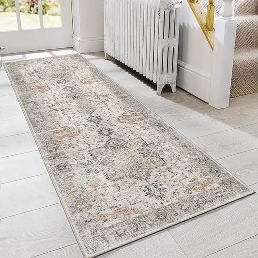 GENIMO Runner Rug 2x8 Non Slip Vintage Hallway Runner Rug, Low Pile Lightweight Rugs for Entryway, Hallway, Kitchen and Corridor, Light Taupe Brown