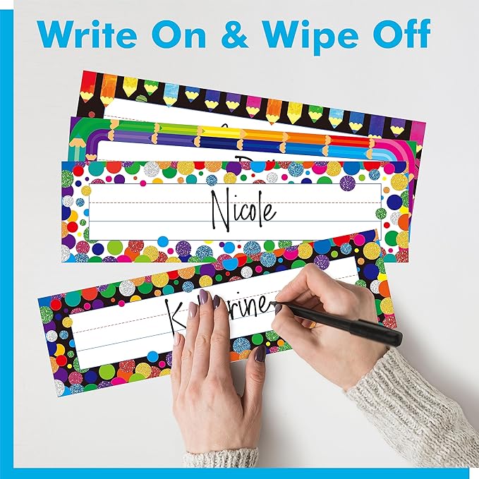 40PCS Desk Nameplates, 4 Designs Double Sided PET Film Desk Name Tags Erasable & Reusable Traditional Manuscript Name Plate Colorful Decoration for Student School Classroom Organization (10” x 2.8”)