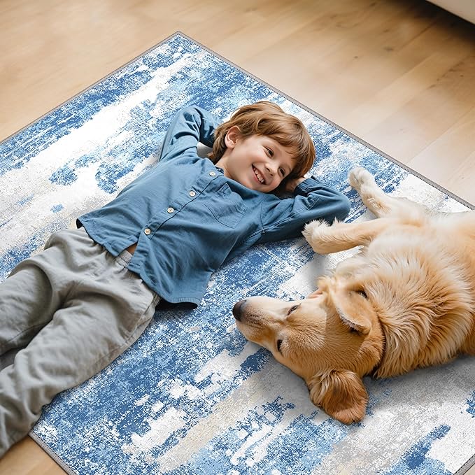 Office Chair Mat for Hardwood Tile Floor, Abstract 36"X 48" Desk Mats for Office Chair on Rolling Chairs Carpet, Desk Anti-Slip 1/5" Thick Rug for Computer Chair, Thin Low-Pile Floor Mat, Blue Cream
