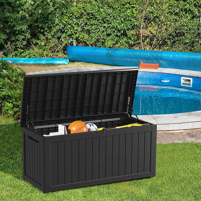PATIOEASY Outdoor Storage Box 270GAL Waterproof Resin Deck Box,UV-Resistant Lockable Delivery Bin for Garden Tools,Large Patio Outside Cushions,Pool Accessories Supplies,Chest,Furniture,Package,Black