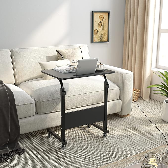 DlandHome Rolling Laptop Desk Stand Up Adjustable Mobile Laptop Desk, 23.6 Inches Medium Size Side Table, Movable w/Tablet Slot & Wheels, Portable Stand for Bed Sofa Black