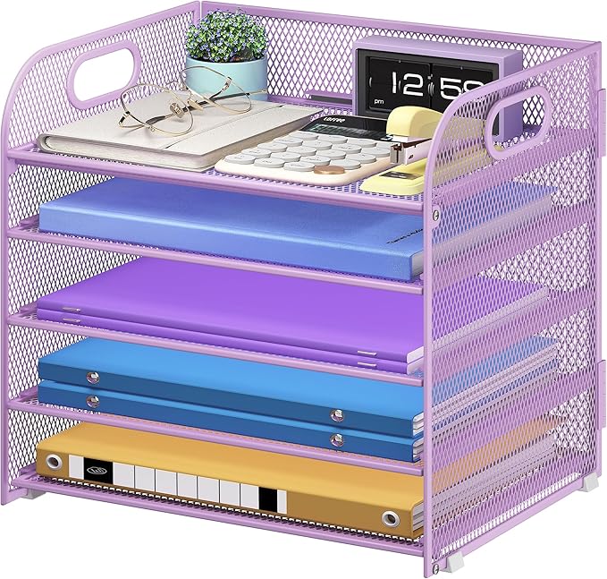 Cawukege 5 Tier Paper Organizer with Handle, Metal Mesh Desk Organizer File Folder Paper Letter Tray Desktop Document Sorter for Classroom, School, Office Accessories Organization and Storage - Purple