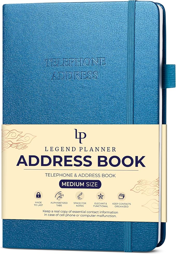 Legend Planner Address Book with Alphabetical Tabs –Telephone Contacts Book for Phone Numbers, Addresses, Passwords, Medium (Mystic Blue)