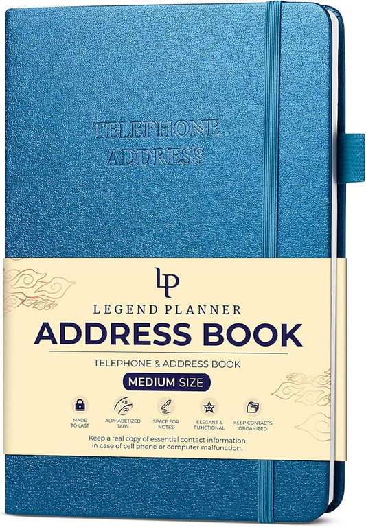 Legend Planner Address Book with Alphabetical Tabs –Telephone Contacts Book for Phone Numbers, Addresses, Passwords, Medium (Mystic Blue)