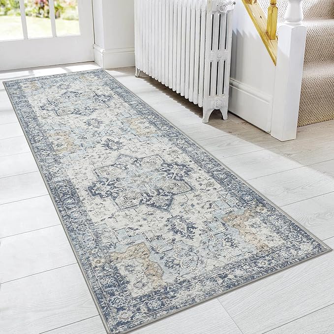 GENIMO Runner Rug 2x12, Non Slip Vintage Hallway Runner Rugs, Low Pile Lightweight Machine Washable Mat for Hallway, Entryway, Bedroom, Kitchen and Corridor, Blue