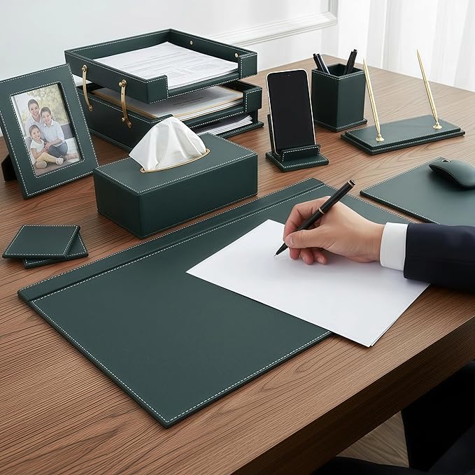 RitPin Desk Set, 11-Piece All-in-One – Executive Desk Accessories & Office Supplies, Leather Desk Organizer with Desk Pad & Blotter, 2-Tier Letter Tray, Luxury Office Desk Decor & Boss Gifts (Green)