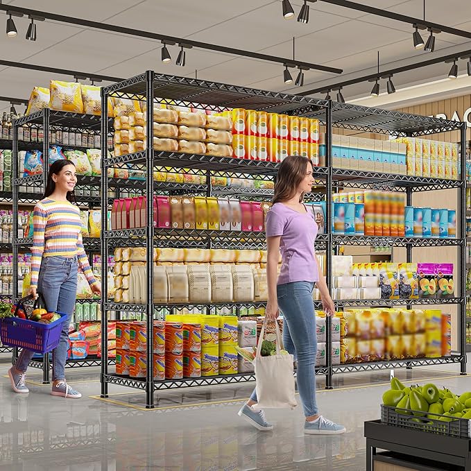REIBII 72.8" W Storage Shelves Load 1600LBS, 5 Tier Metal Shelving Unit Wire Shelving for Storage Rack Heavy Duty Metal Shelves for Garage Pantry Kitchen, 17.7" D x 72.8" W x 70.9" H