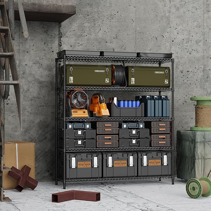 M MZG 5 Tiers Storage Shelves Load 3300LBS, Metal Shelving Wire Metal Shelving Unit Shelves for Storage Adjustable Garage Shelving for Pantry Kitchen Garage Black 17.7" D x 59.1" W x 70.4" H