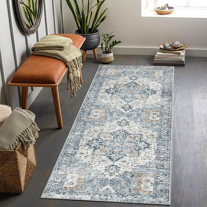 GENIMO Runner Rug 2x5, Machine Washable Non Slip Vintage Runner Rug, Low Pile Lighrweight Rugs for Entryway, Hallway, Kitchen and Corridor, Blue