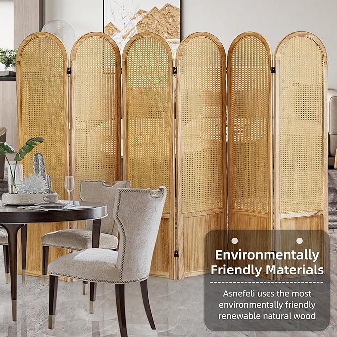 Asnefeli 6 Panels Room Divider, Folding Privacy Screen, Foldable Wood Rattan Room Divider Panel, Portable Partition Screen Wall Divider for Room Separation Bedroom Home Office Garden Terrace (Natural)
