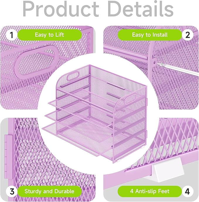 Cawukege 5 Tier Paper Organizer with Handle, Metal Mesh Desk Organizer File Folder Paper Letter Tray Desktop Document Sorter for Classroom, School, Office Accessories Organization and Storage - Purple