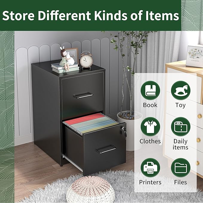 Yukimo 2 Drawer File Cabinet with Lock, Vertical File Cabinet with Lock, Locking File Cabinet Hanging Files for A4/ Legal/Letter, Require Assembly, Black