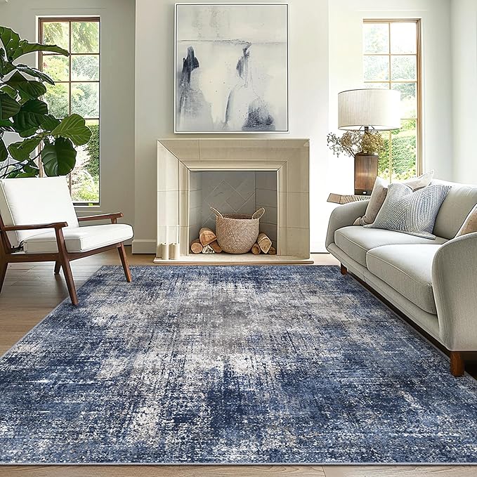 GENIMO Washable Area Rugs for Living Room, 8x10 Modern Non Slip Rugs, Low Pile Lightweight Soft Print Rug for Bedroom, Dining Room, Home Office, Washed Blue&Gray