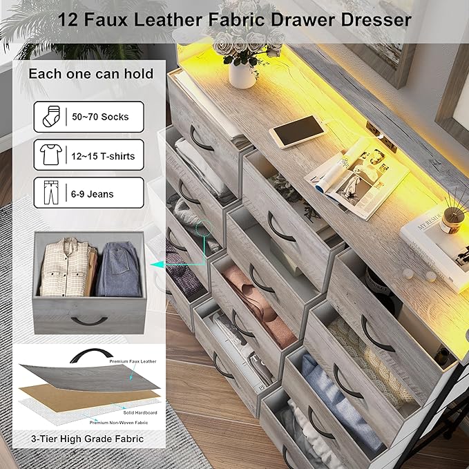 Welfuturer Dresser for Bedroom with 12 Drawers LED Dressers & Chests of Drawers Charging Station Fabric Dresser Storage Organizer Unit for Hallway Entryway Closets Sturdy Steel Frame Wood Top Gray
