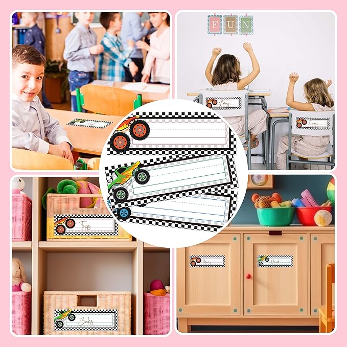 30 Name Tags for Classroom Cubbies, 3x9 in Trucks Name Plates for Desks, Classroom Must Haves for Teachers Elementary - A09