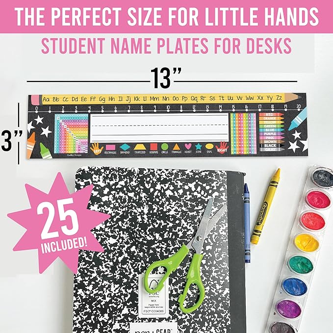 Desk Name Tags for Classroom -25 Student Name Plates for Classroom Kindergarten, Preschool, 1st, 2nd & 3rd Grade, 13x3 Teacher Nameplates for Student Desks, Chalkboard Nametags