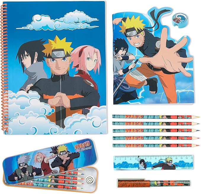 Naruto Stationery Set with Colouring Pencils Tin Pencil Case Childrens Notebooks Bumper Stationery Pack Anime Stationery Set School Supplies Anime Gifts for Boys