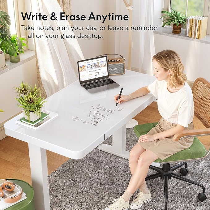 FLEXISPOT Comhar Electric Pure Glass Standing Desk with Drawer Desktop & USB Charge Ports, 48" Ergonomic Height Adjustable Sit to Stand Desk for Home Office (White, Glass)