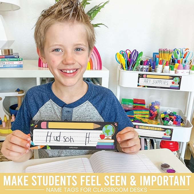 Desk Name Tags for Classroom -25 Student Name Plates for Classroom Kindergarten, Preschool, 1st, 2nd & 3rd Grade, 9x3 Teacher Nameplates for Student Desks & Cubbies, Chalkboard Nametags
