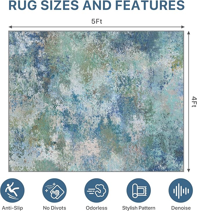 Office Chair Mat for Hardwood Tile Floor, Abstract 48"X 60" Desk Mats for Office Chair on Rolling Chairs Carpet, Desk Anti-Slip 1/5" Thick Rug for Computer Chair, Thin Low-Pile Floor Mat, Blue Green