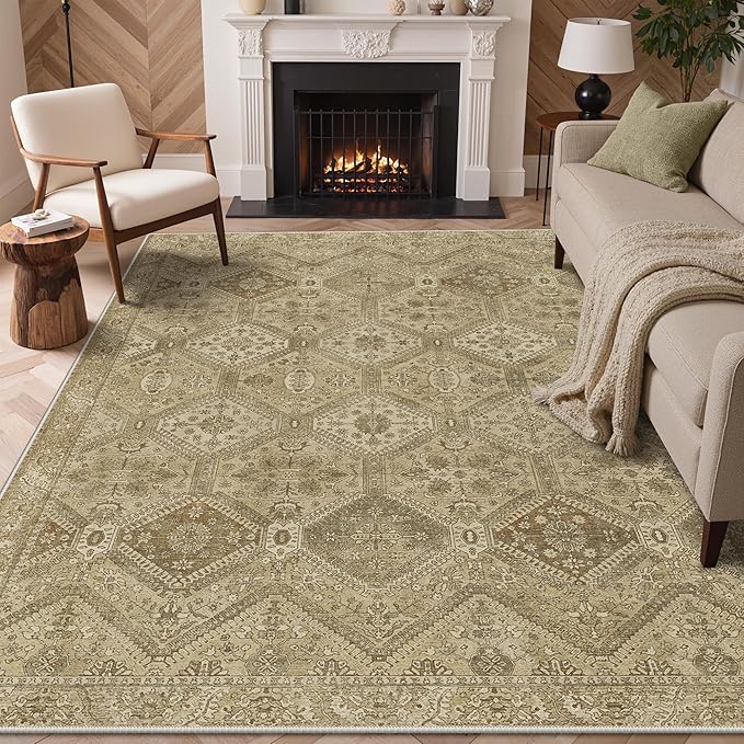 GENIMO 9x12 Area Rugs for Living Room, Machine Washable Non Slip Vintage Rugs, Low Pile Lightweight Print Rug for Bedroom, Dining Room, Home Office, Tan Brown