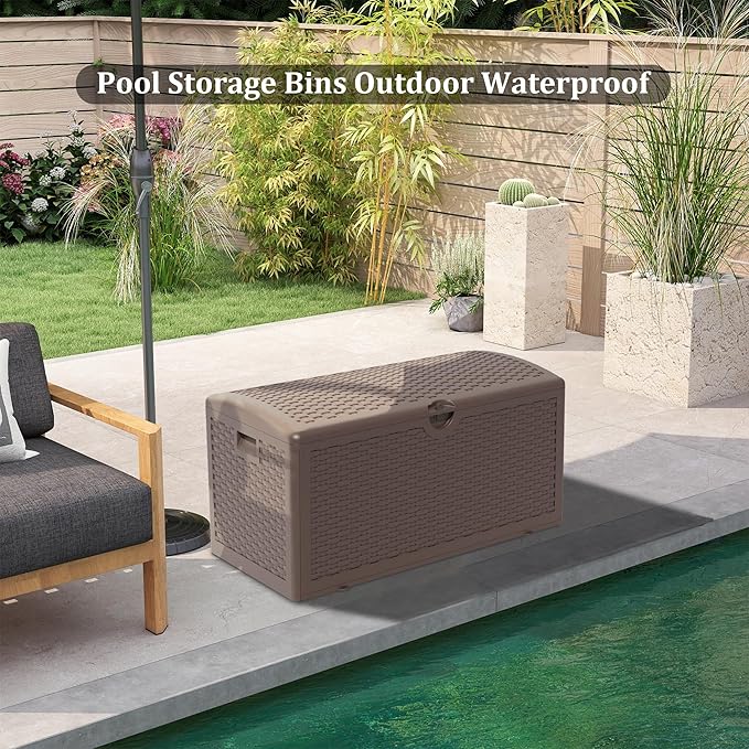 Decksplore 90 Gallon Pro Outdoor Storage Box Waterproof Lockable Resin Deck Box Large, Patio Storage Bin for Pool Accessories Cushion Furniture, Garden Tools, UV-Resistant Outside Delivery Brown