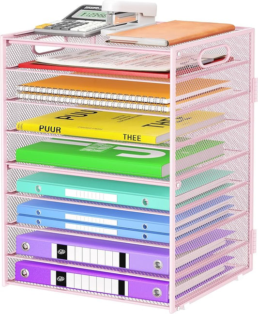 Cawukege 9 Tier Paper Organizer with Handle, Large Capacity Desk Organizer Mesh File Folder Letter Paper Tray Desktop Document Sorter for Classroom, School, and Office Accessories Organization- Pink