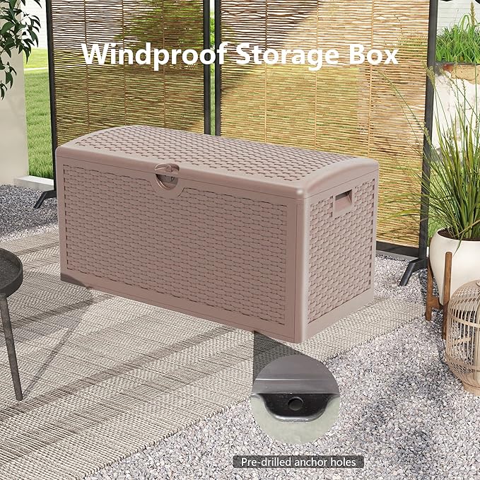Decksplore 90 Gallon Pro Outdoor Storage Box Waterproof Lockable Resin Deck Box Large, Patio Storage Bin for Pool Accessories Cushion Furniture, Garden Tools, UV-Resistant Outside Delivery Brown