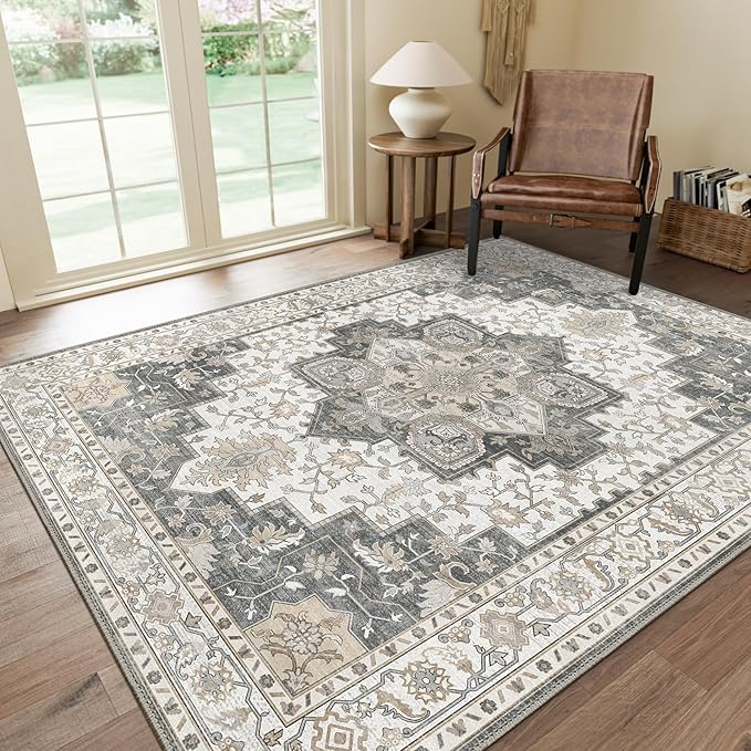 GENIMO 5x7 Area Rugs for Living Room, Machine Washable Non Slip Vintage Rugs, Low Pile Lightweight Chenille Print Rug for Bedroom, Dining Room, Home Office, Heathered Grey