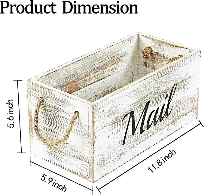 HoreZer Wood Mail Holder Box,Decorative Mail Organizer Box Countertop,Letter Holder Box for Desk with Chalkboard & Rope Handles,Rustic Desk Mail Organizer Home Office(White)