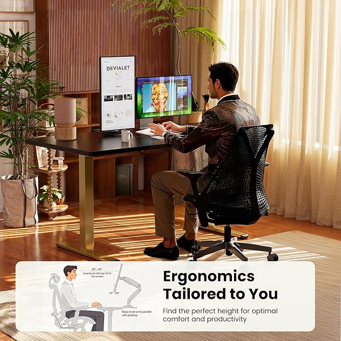 ErGear Height Adjustable Electric Standing Desk, 31.5 x 18.9 Inches Sit Stand up Desk, Memory Computer Home Office Desk with Two-Piece Desktop (Black & Gold Frame)