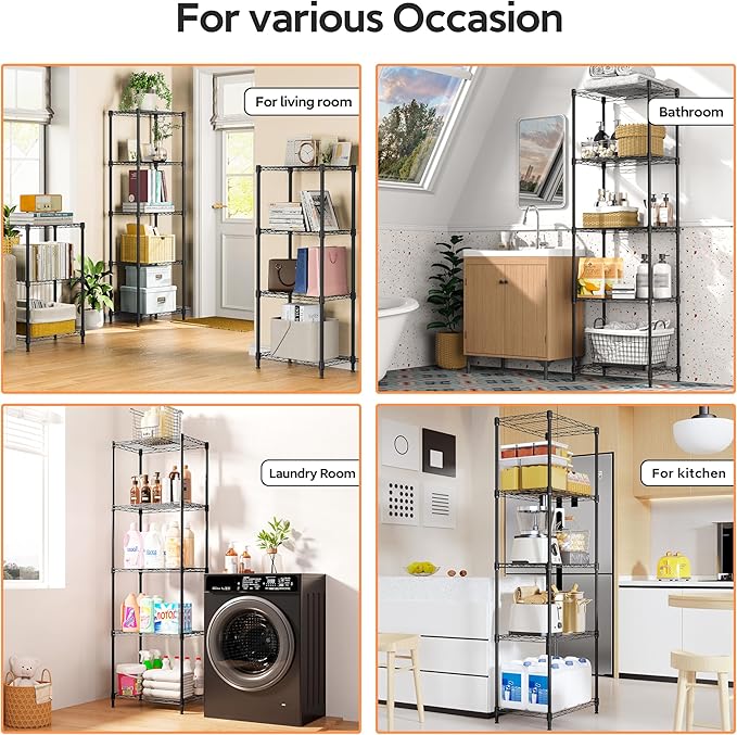 M MZG 5 Tiers Shelf Metal Storage Shelves Wire Rack Closet Organizers with Wheel for Garage Kitchen Bathroom Laundry Black 11.8" D x 17.7" W x 55" H
