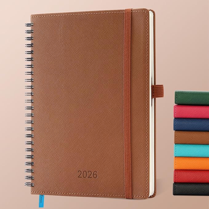 IN-LUXPRO Planner 2026 Daily Weekly and Monthly,8.5"x6.5",12 Months Spiral Bound Calendar Agenda with Self-adhesive Pen Holder,2026 Appointment Book with Vegan Leather Soft Cover,Brown