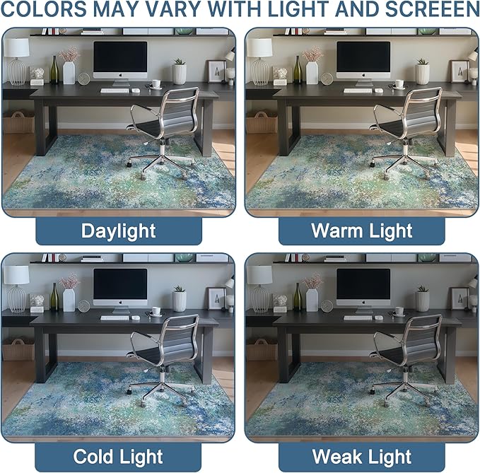 Office Chair Mat for Hardwood Tile Floor, Abstract 48"X 60" Desk Mats for Office Chair on Rolling Chairs Carpet, Desk Anti-Slip 1/5" Thick Rug for Computer Chair, Thin Low-Pile Floor Mat, Blue Green
