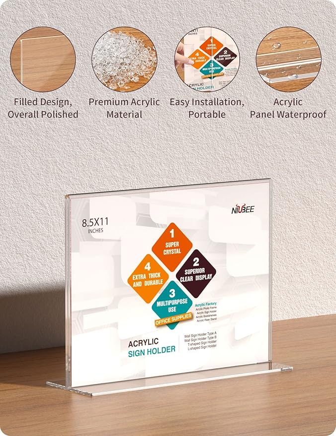NIUBEE Acrylic Sign Holder 8.5x11 Inches 6 Pack Horizontal, T Shape Double Sided Clear Frames, Plastic Paper Flyer Display Holder, Document Menu Table Stand for Office, Store -Landscape