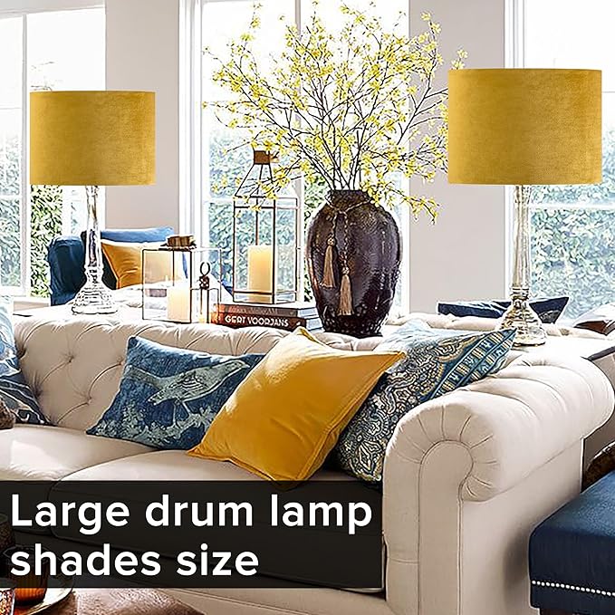 GO&SO Set of 2 Large Drum Yellow Velvet Lamp Shade -16" Top x 16" Bottom x 12" High(Spider) Modern Lamp Shades For Table Lamps & Bedside Lamp Replacement Lampshade, Hand Crafted, Required Assembly
