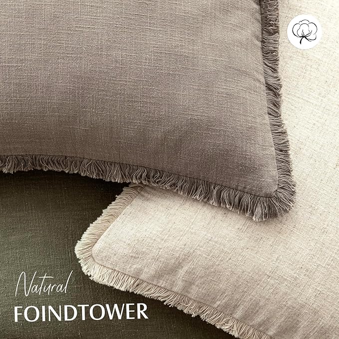 Foindtower Set of 2 Decorative Linen Fringe Throw Pillow Covers Boho Farmhouse Cushion Cover with Tassels Soft Accent Pillowcase for Couch Chair Sofa Bed Living Room Home Decor,24×24 Inch,Brown Tan