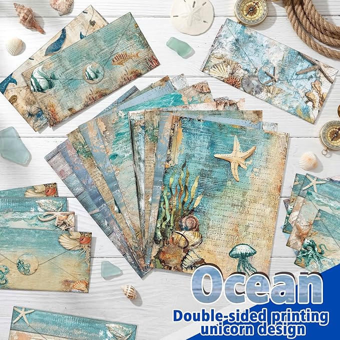 TaoBary 160 Pcs Stationery Paper Bulk 50 Double Sided Stationery Papers with 50 Matching Envelopes and 60 Round Dot Sticker, 10 Design (Ocean,8.5 x 11 Inch)