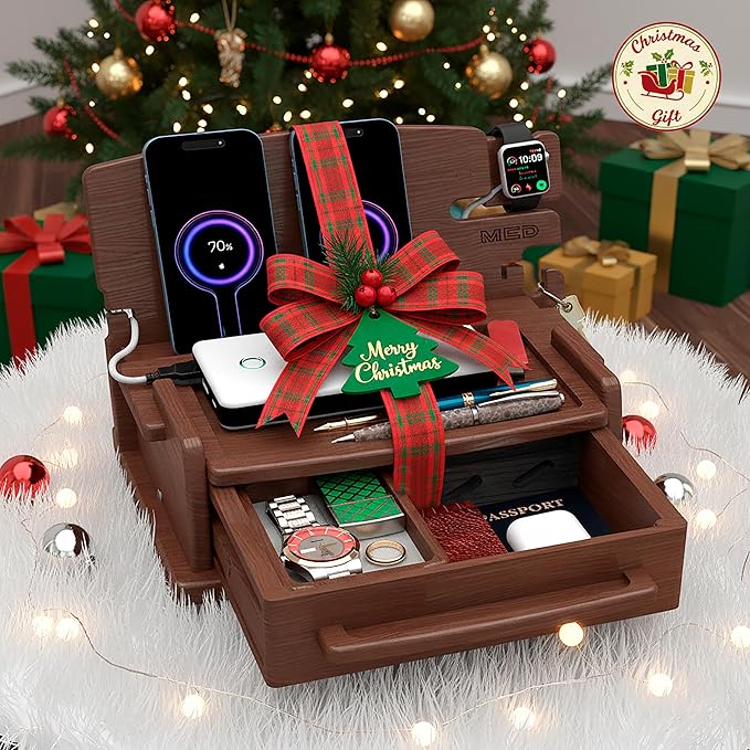 MED Wood Phone Docking Station – Nightstand Desk Organizer for Phone, Watch, Wallet & Tablet – Gift for Men, Husband, Dad & Women – Wooden Charging Stand (Dark Walnut, Model 3)