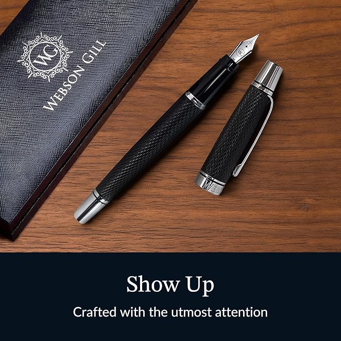 Webson Gill Show Up' Black Luxury Executive Fountain Pen, Woven Lacquer & Chrome, Medium Nib, Smudge Free, No Bleed, Use Any Fountain Ink with Included Converter, Fits Cartridges (sold separately)