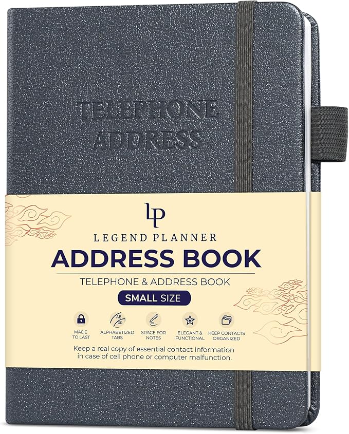 Legend Planner Address Book with Alphabetical Tabs – Mini Telephone Address Book for Phone Numbers, Addresses, Email Contacts, Passwords & Important Dates –Small Size,11x14.5cm,Hardcover (Mystic Grey)