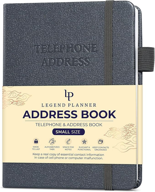 Legend Planner Address Book with Alphabetical Tabs – Mini Telephone Address Book for Phone Numbers, Addresses, Email Contacts, Passwords & Important Dates –Small Size,11x14.5cm,Hardcover (Mystic Grey)