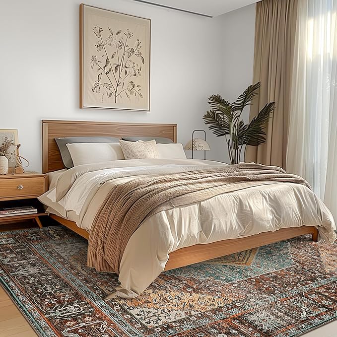 GENIMO 4x6 Area Rugs for Living Room, Machine Washable Rug, Non Slip Vintage Rugs, Low Pile Lightweight Chenille Print Rug for Bedroom, Dining Room, Home Office, Vintage Brown/Blue