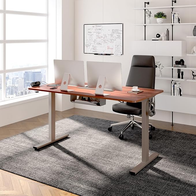 FLEXISPOT EN2 Whole-Piece Standing Desk with Clamp Power Strip, 48 x 24'' Electric Stand Up Height Adjustable Desk with Cable Management (Gray Frame + 48" Mahogany Top, 2 Packages)