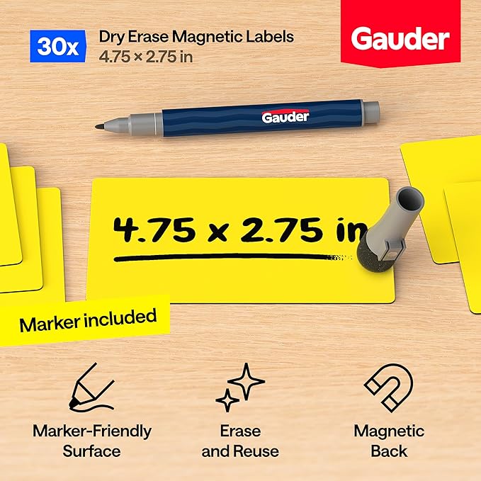 GAUDER Magnetic Dry Erase Labels | 30x Magnetic Labels (4,75 Inches x 2,75 Inches) | 30x Dry Erase Magnets for Classroom, Whiteboard and Blackboard