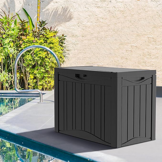 Decksplore 50 Gallon Outdoor Storage Box Waterproof Lockable Resin Deck Box Large, Patio Storage Bin for Pool Accessories Cushion Furniture, Garden Tools, UV-Resistant Outside Delivery Black
