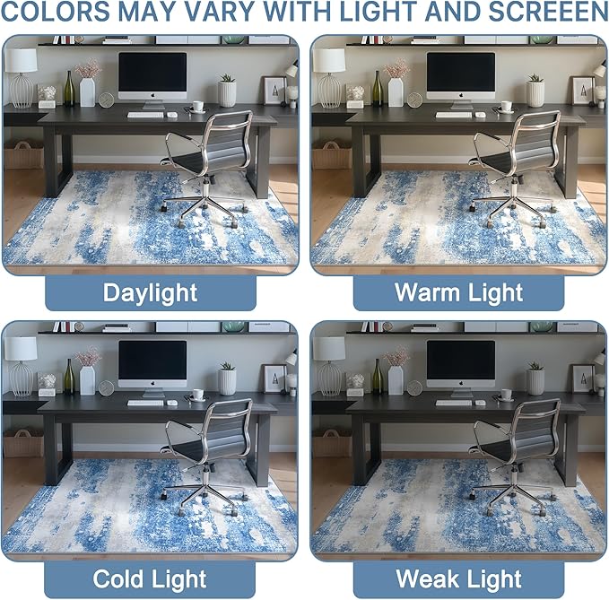 Office Chair Mat for Hardwood Tile Floor, Abstract 48"X 60" Desk Mats for Office Chair on Rolling Chairs Carpet, Desk Anti-Slip 1/5" Thick Rug for Computer Chair, Thin Low-Pile Floor Mat, Blue Cream